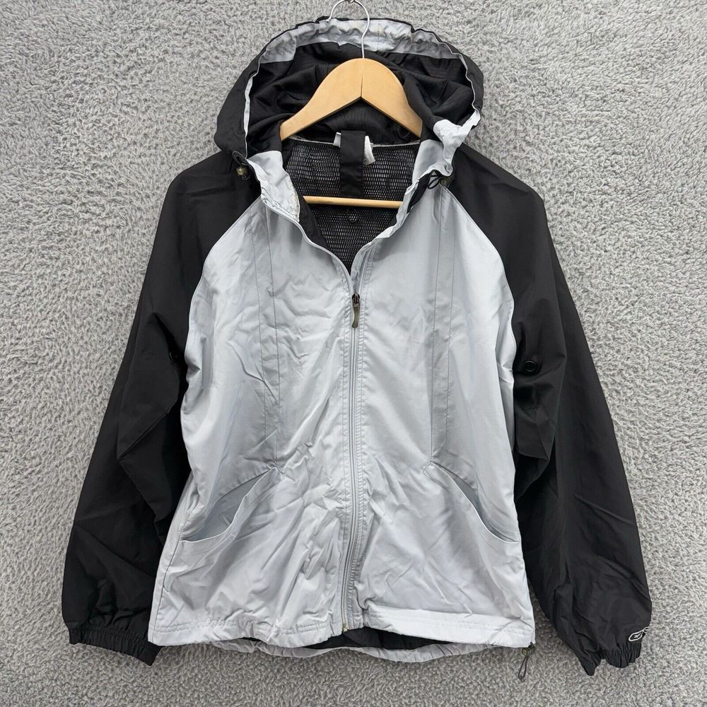 Reebok Men's Medium‎ Hooded Vented Windbreaker Black Light Blue Gray Long Sleeve